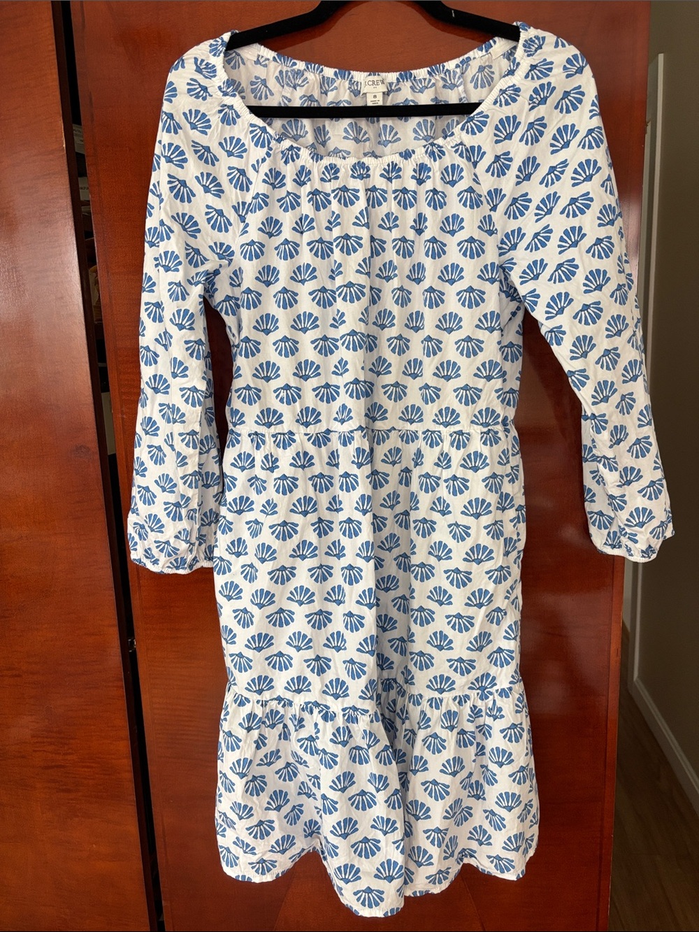J. Crew Blue White Shell Print Long Sleeve Puff Popover Tiered Dress 8